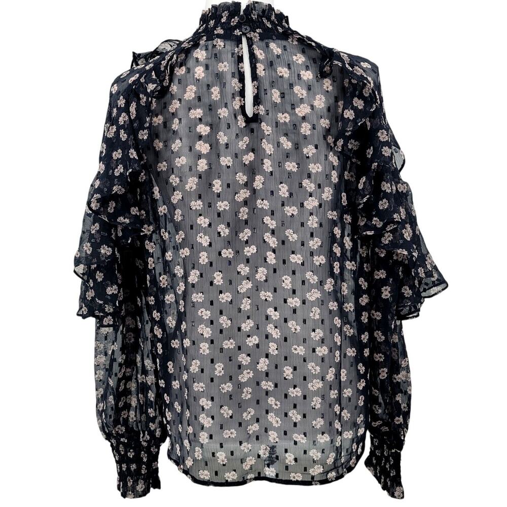 Anthropologie Black Sheer Floral Ruffle Blouse - Picture 4 of 8